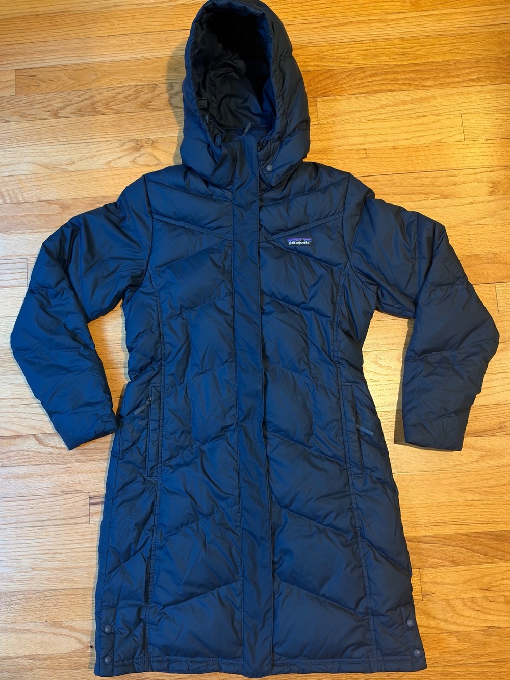 Patagonia Women's Navy Long Hooded Down Coat